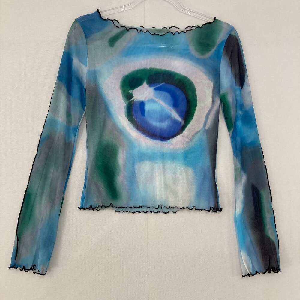 Women's size Small Blue Multi Abstract Artsy Mesh Sheer Lettuce Hem Stretch - Picture 3 of 10